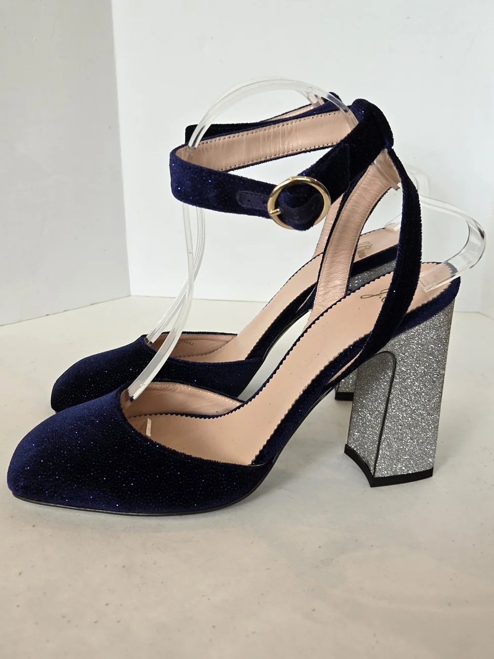 J. Crew Harlow Navy Velvet Ankle-Strap Block Heels Silver Glitter Heel